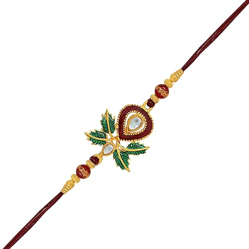 Gold Plated Leafy Designer Rakhi with Crystal Stones and Meena Work for Beloved Brother (Bracelet) RA1100583G