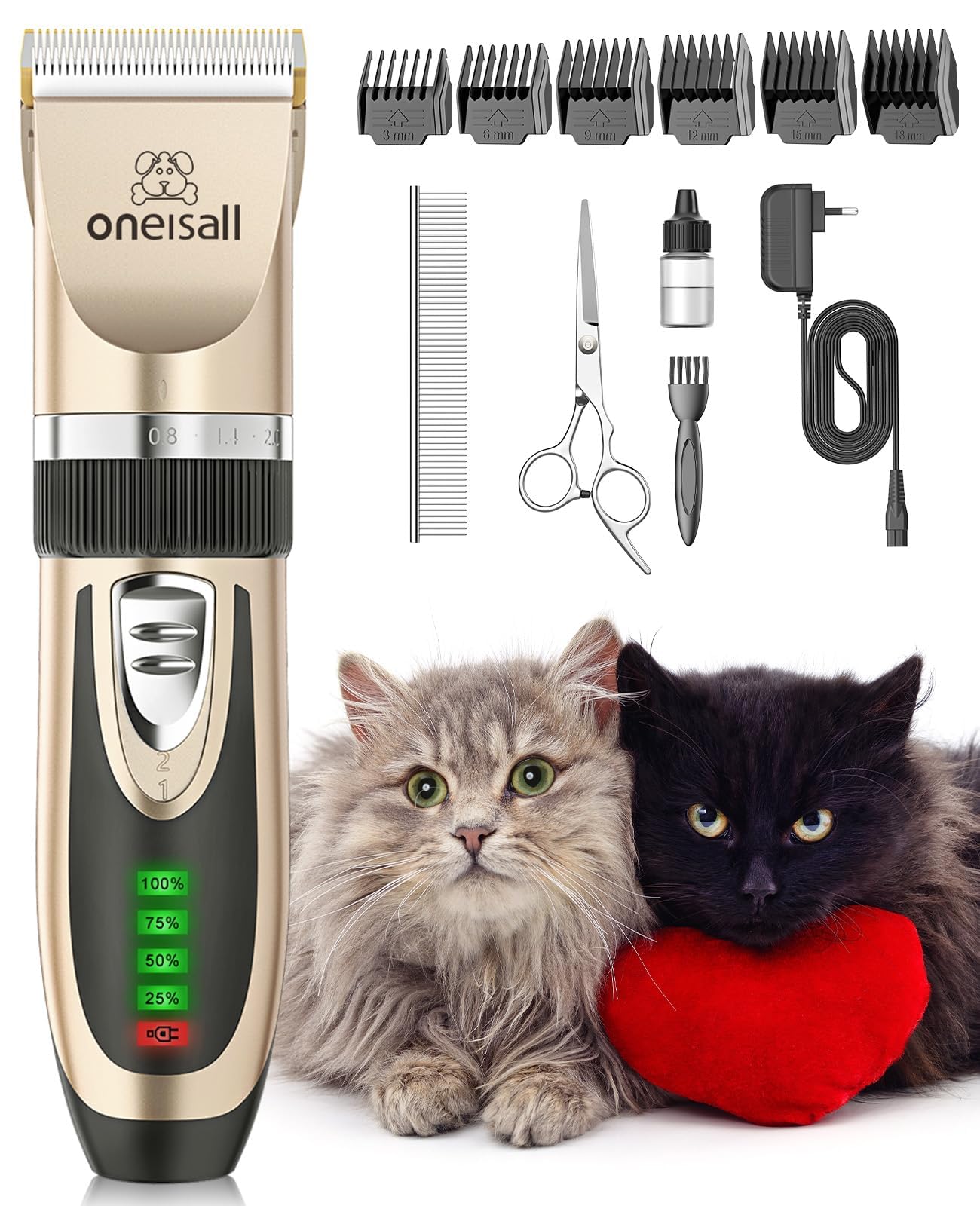 oneisall Quiet Cat Clippers for Matted Hair, 2-Speed Cordless Cat Grooming Kit Low Noise Pet Clipper Shaver for Dogs Cats Animals (Gold)