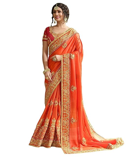 Womens Baluchari Silk Blend Saree With Blouse Piece (Rek9001Orng_Orange)