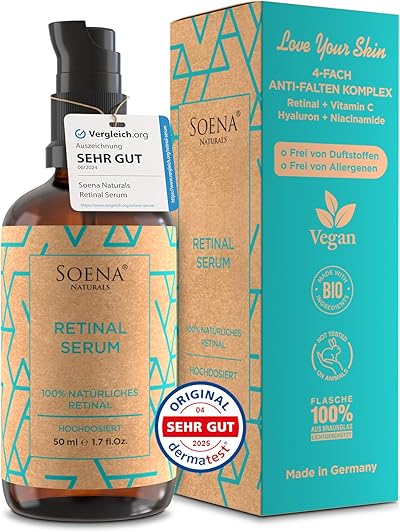 BIO Retinol Serum Hochdosiert • Die beste Retinolform (Retinal) + 7 Power Wirkstoffe = Hyaluron, Vitamin C, Niacinamid • Hochwirksames Retinal • Gegen Falten