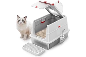 BEST JAJA Stainless Steel Cat Litter Box: Enclosed Cat Litter Boxes with Lid - Extra Large Metal Kitty Litterbox with High Sides Top Entry XL Litter Pan Tray for Big Cats Anti-Leakage