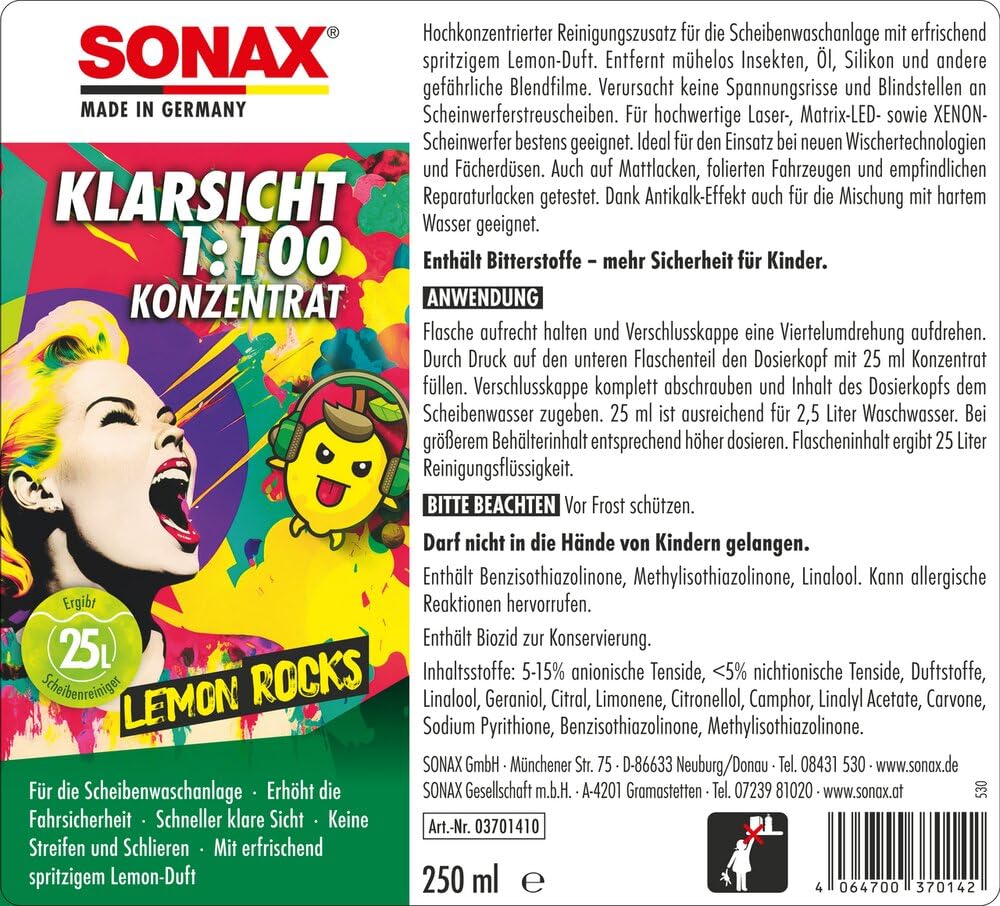 SONAX KlarSicht 1:100 Konzentrat Lemon Rocks (250 ml) Scheibenreiniger beseitigt sekundenschnell Insekten, Schmutz, Blend- & Schmierfilme | Art-Nr. 03701410 2