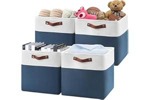 Patvingot 13 Inch Cube Storage Bins,Set of 4 , Foldable Storage Basket with PU Handles for Organizing Home, Closet,Clothes, Toy, Book,Laundry,Office, Organizers for Shelves (White&Blue)