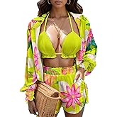 UOUA 3 Piece Swimsuits for Women Hawaiian Outfits Floral Tropical Bikini & Short Sets Summer Beach Sexy Cover Ups Luau Party