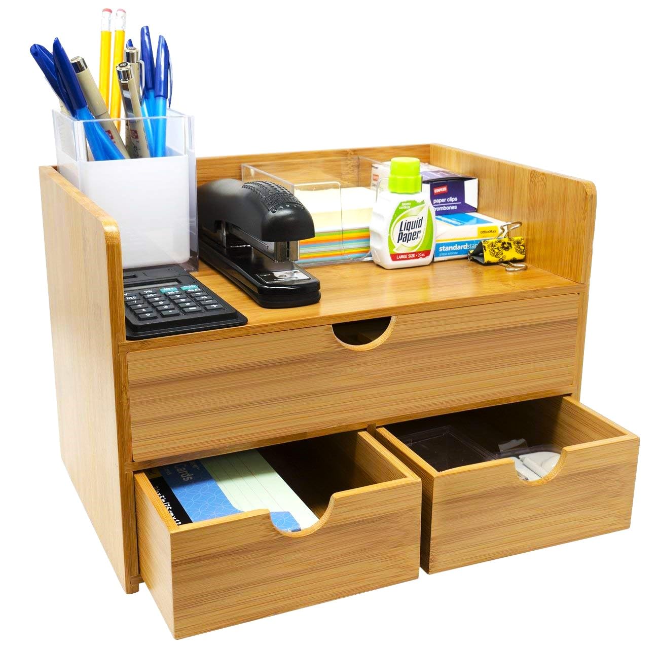 Photo 1 of *****DAMAGE MINOR SEE THE PICTURE***** Sorbus Bamboo Desk Organizer - 3-Tier 100% Bamboo Desktop Organizers – Mini Bamboo Desk Drawer Tabletop Storage Box Countertop Organization 3 Drawers & Shelf - Office, Makeup Vanity, Fully Assembled