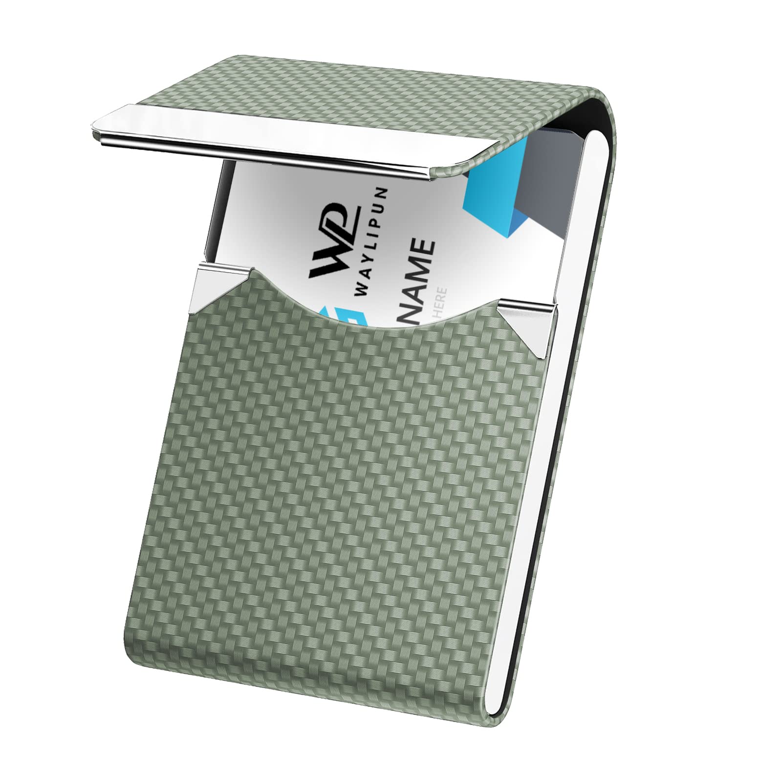Waylipun Business Card Holders, Professional PU Leather & Stainless Steel Business Card Case, Slim Metal Pocket Card Holder with Magnetic Shut - Keep Business Cards in Immaculate Condition (Greenk)