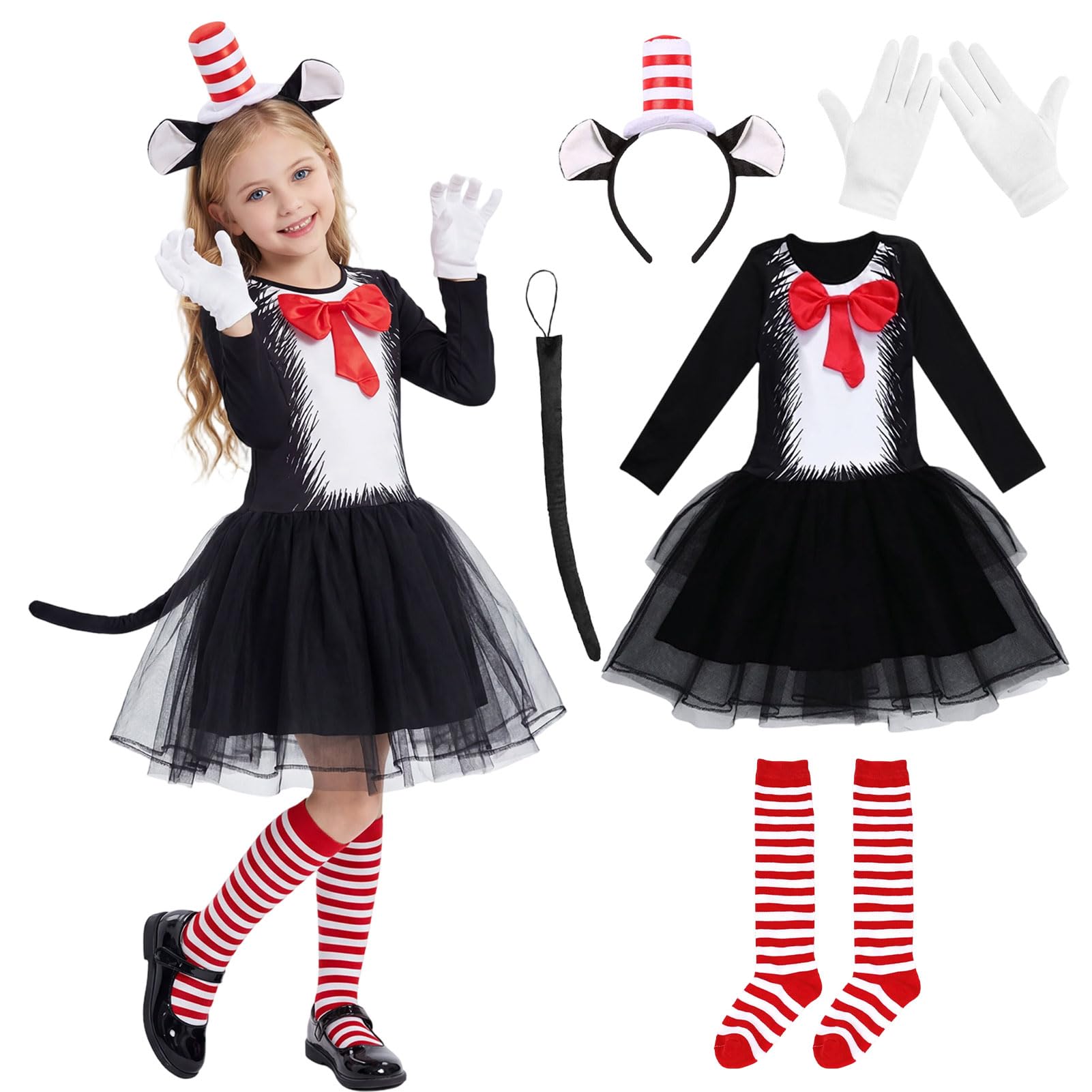 Crittygo Cat in the Hat Fancy Dress, World Book Day Cat in the Hat Costume with Socks Headband Tail and Gloves, World Book Day Dress Up Costume