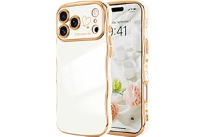 LCHULLE for iPhone 17 Pro Max Case for Women Girls, Cute Wave Frame Curly Shape with Love Heart Pattern Raised Camera Protection Cover Luxury Plating Shockproof Phone Case for iPhone 17 Pro Max, White