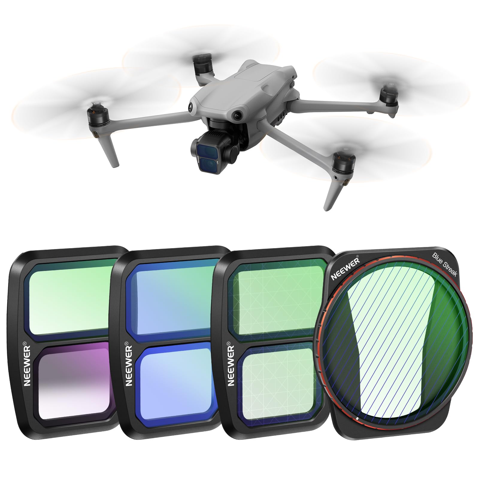Neewer Effect Filter Set Compatible with DJI Air 3, 4 Pack Snap On HD Soft GND1.2 Soft Edge Gradient Neutral Density/Light Pollution Reduction/8x Star/Blue Streak Anamorphic Effect Filter