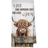 BlissfulAbon Highland Cow Kitchen Towels 16x24 Inch, Live Like Someone Left The Gate Open Highland Cow Hand Towels for Bathroom Decor, Farmhouse Farm Animal Dish Towel Drying Cloth for Kitchen