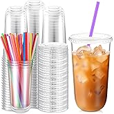 Ziliny 100 Pack Clear Plastic Cups With Flat Lids and Straws Disposable Drinking Cups for Iced Coffee, Cold Drinks, Juice, Smoothies, Milkshakes (20 oz)