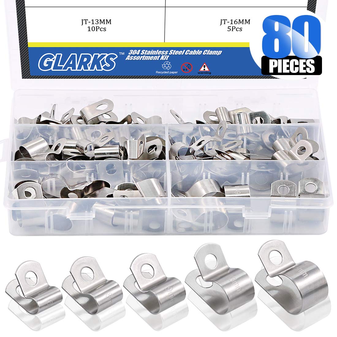 Glarks 80Pcs 5 Size 1/4'' 5/16'' 3/8'' 1/2'' 5/8'' Stainless Steel Cable Clamp Assortment Kit