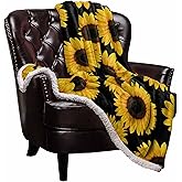 Sunflower Sherpa Fleece Blanket, Super Thick and Warm Cozy Luxury Blanket 40"x50", Vintage Floral Yellow Sunflower Black Background Bed Blanket, Fluffy Plush Microfiber Throw Blanket for Couch