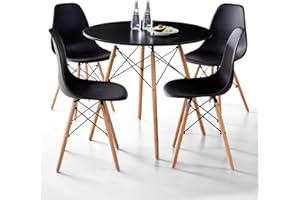 Lecafur HL 5-Piece Round Dining Table Set, Small 31.5" Kitchen Table Chairs Set of 4 Space Saving Furniture, Plastic Seats, Solid Wood Legs, for Living Room Apartment Office Home, Black