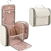 TBTOTRA Hanging Toiletry Bag & Makeup Bag for Women with Jewelry Organizer - TSA Approved Large Capacity Travel Cosmetic Organizer, Waterproof Shower Essentials Case with Transparent Pockets, Beige