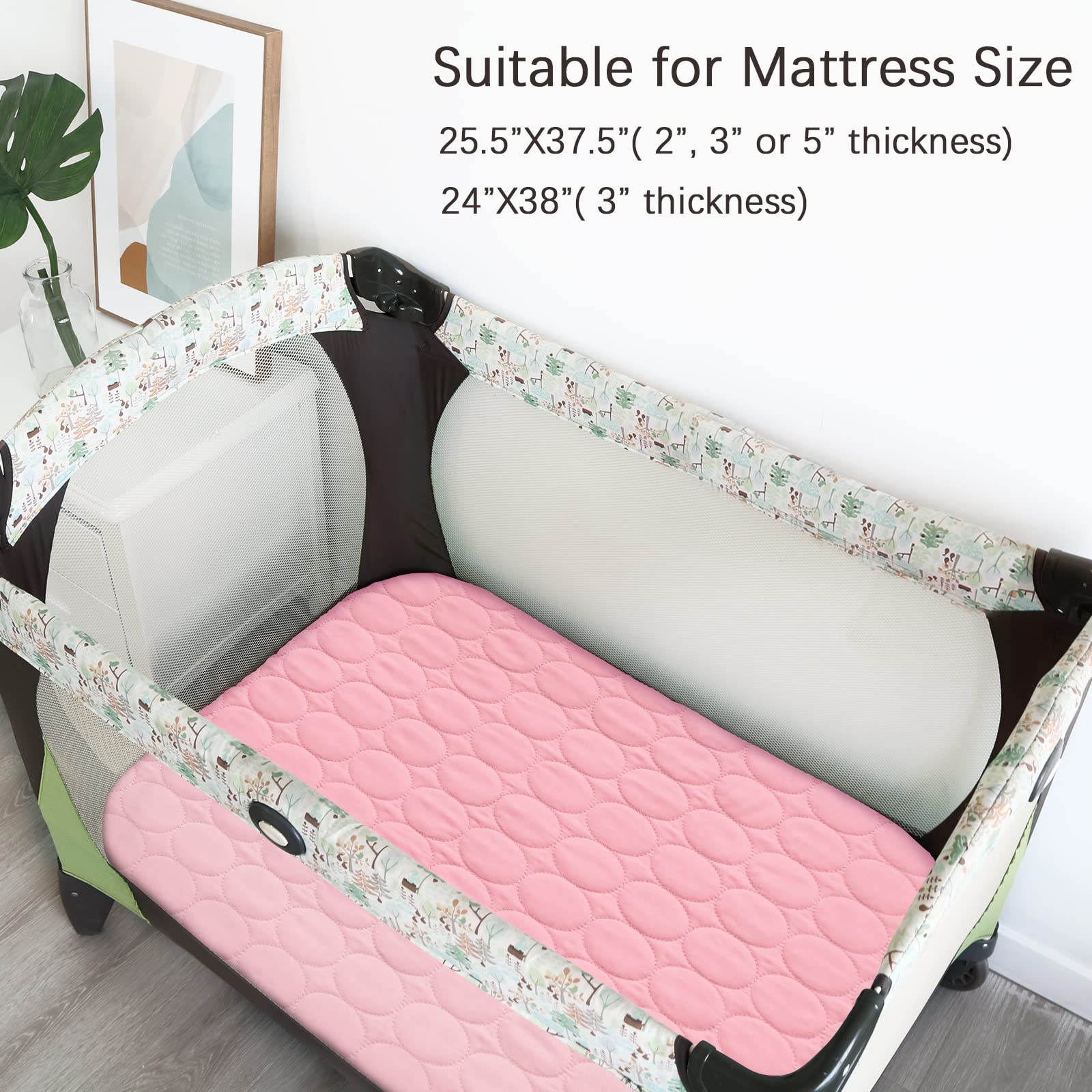 Pack and Play Protector Sheets Waterproof 2 Pack, Quilted Playard Mattress Pad Cover Fitted Fits for Graco Pack n Play Playard Mattress/Playpen Mattress, Gray & Pink, 39
