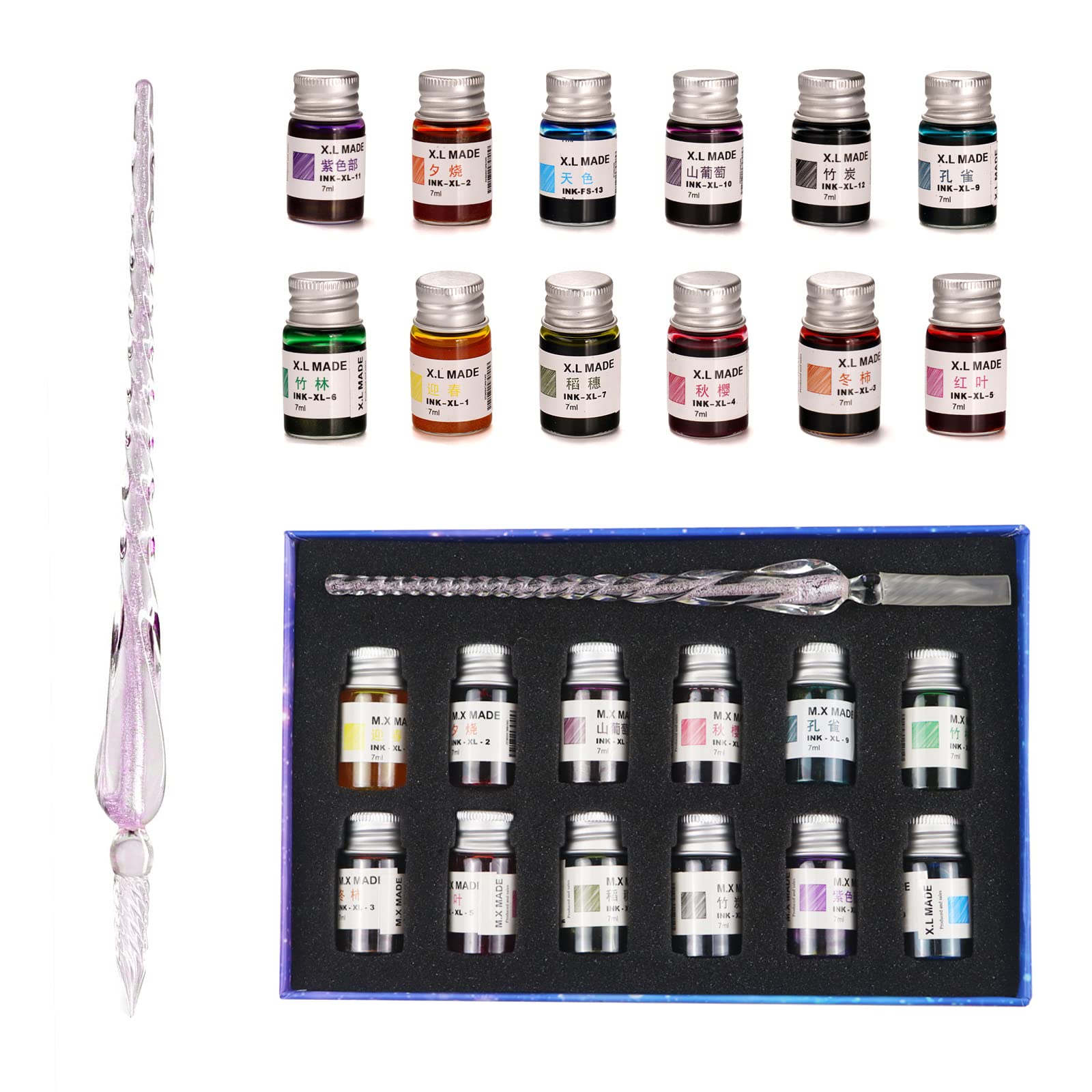 AOKUY Glass Pen Set Calligraphy Dip Pens,12 Colorful Inks,Caligraphy Sets for Art, Writing, Signature, Decoration, Gift