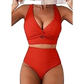 Herseas Women's Textured Bikini Sets Twist Front Top Swimsuits High Waisted Bathing Suits