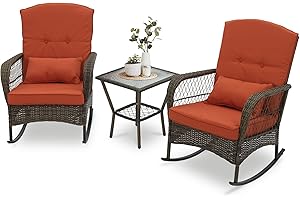 GENERIC 3 Piece Rocking Bistro Set Wicker Outdoor Patio Chairs Rattan Conversation Sets with Coffee Table for Patio, Porch, Backyard, Balcony, Deck, Poolside and Garden (Rose Red)