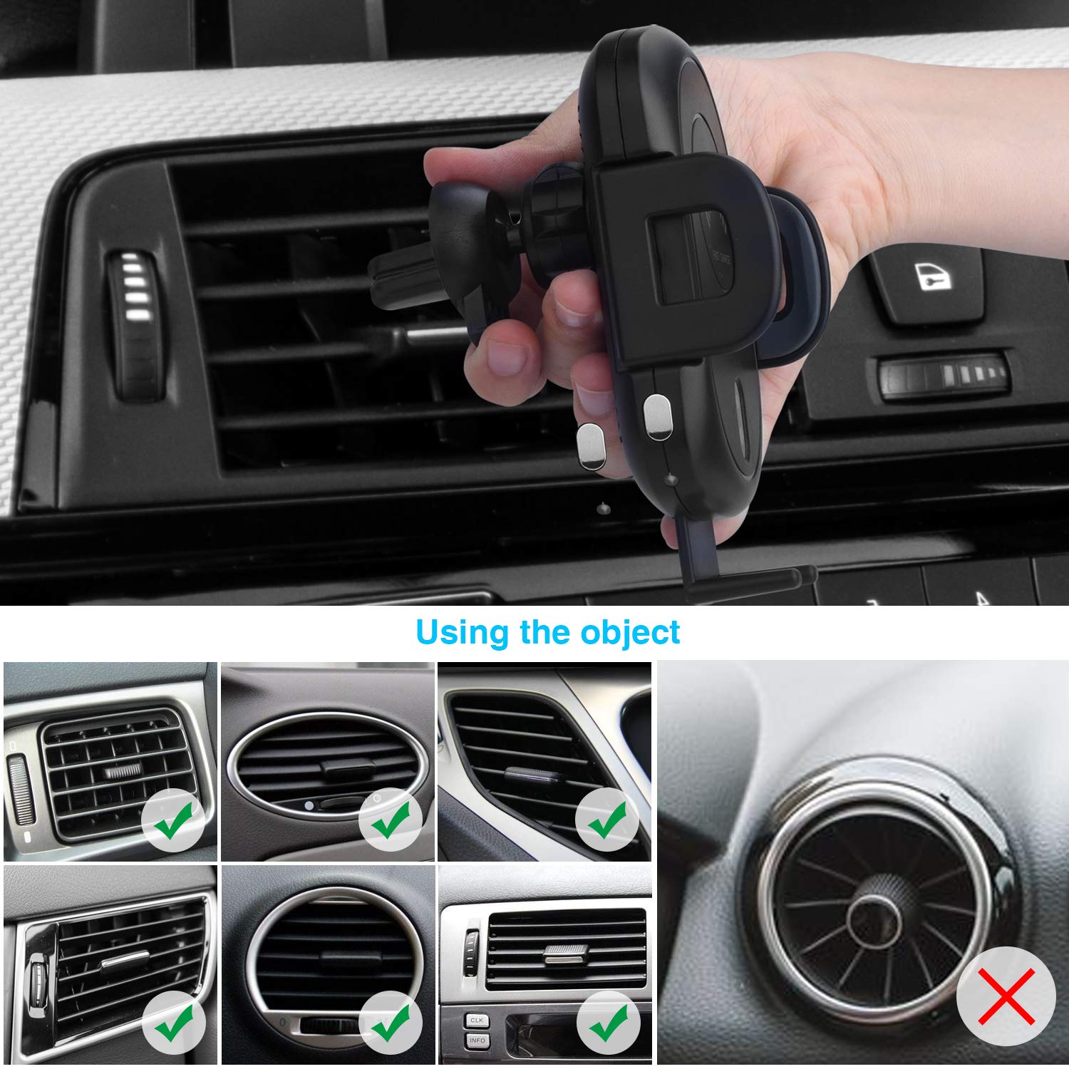 Car Wireless Charger, 2 In 1 Wireless Fast Car Charger Automatic Infrared Motion Sensor Air Vent Holder for iPhone X 8 8S Note8, S8, S8+, S7 Edge, S7, Note5, S6 and all QI Enabled Devices, Black