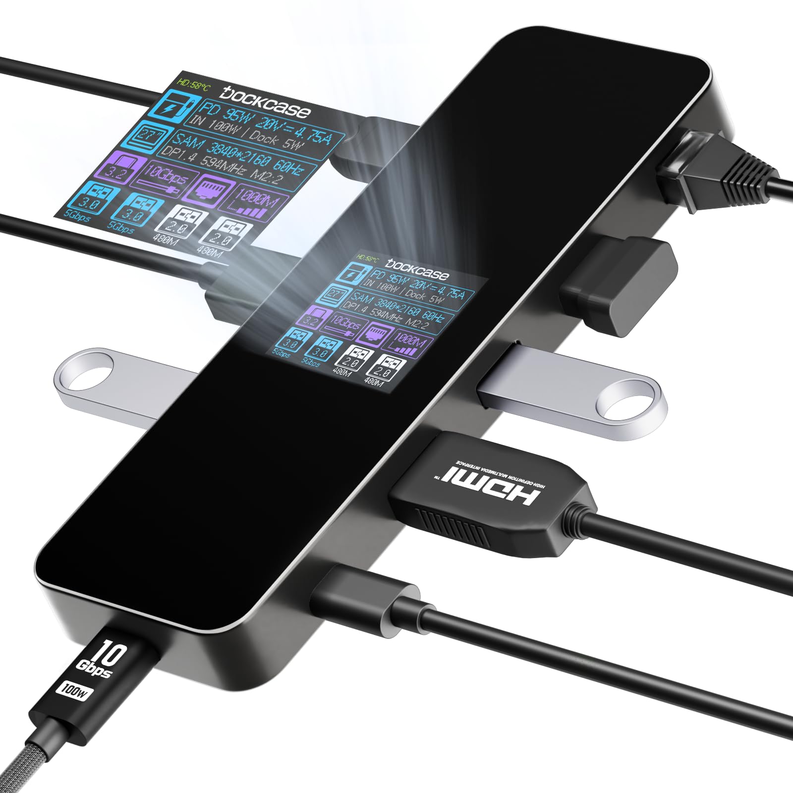 DOCKCASE 8-in-1 Smart USB-C Hub with Cooling Fan, 4K@60Hz HDMI, 100W PD 3.0, Gigabit Ethernet, 2 USB-A 3.2, 2 USB-A 2.0, 1 USB-C 3.2, Compatible with MacBook Pro/Air, iPad Pro, Dell XPS