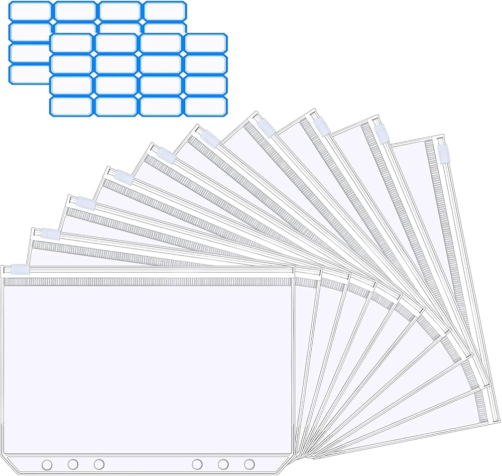 Vicloon A5 Zipper Binder Pockets 10Pcs Transparent PVC with Label Stickers