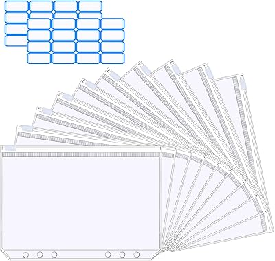 Vicloon A5 Zipper Binder Pockets 10Pcs Transparent PVC with Label Stickers