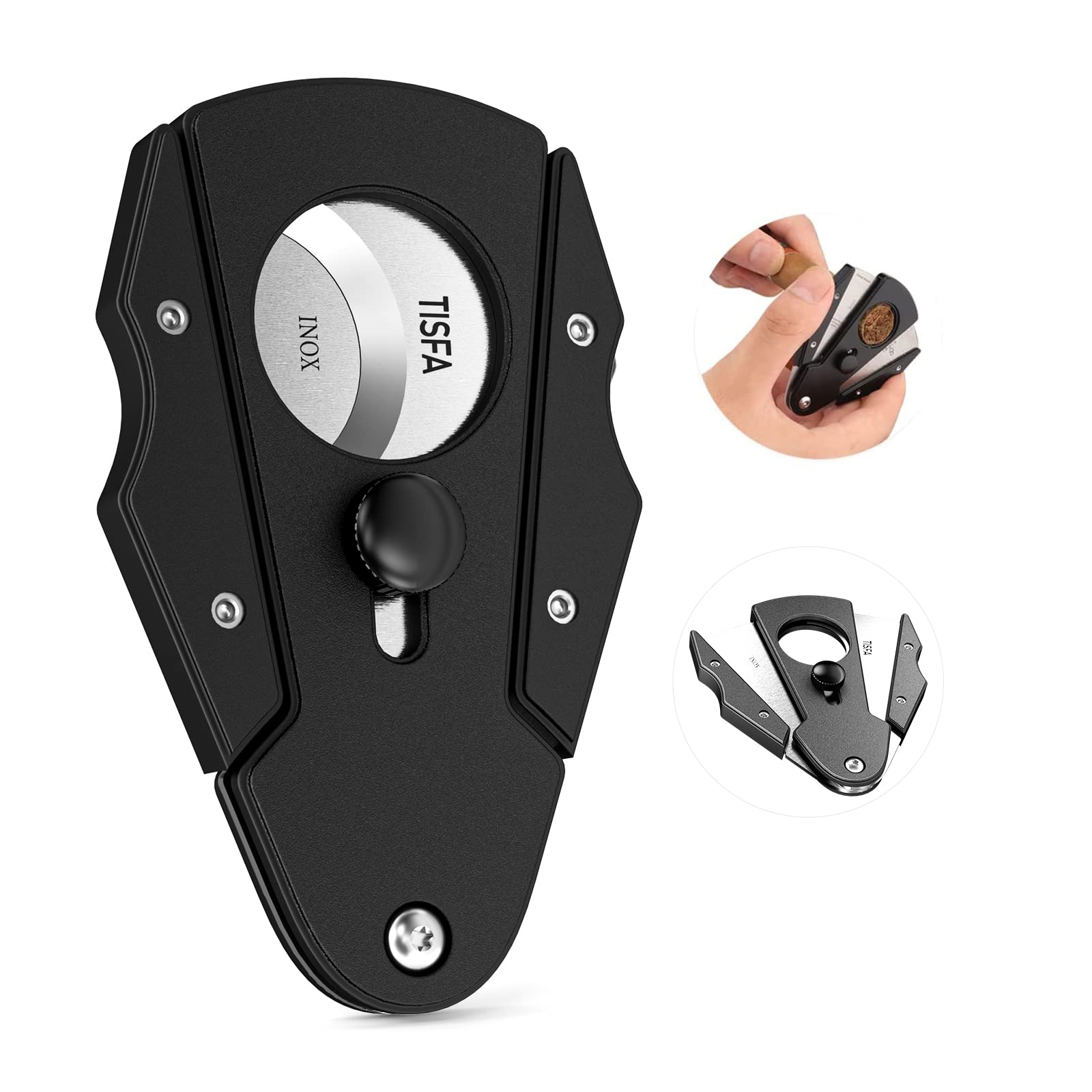 Photo 1 of TISFA Cigar Cutter Stainless Steel Double Cut Blade with Safety Lock Cigar Guillotine, Sharp Cigar Clipper Scissors with Leather Case (Black)