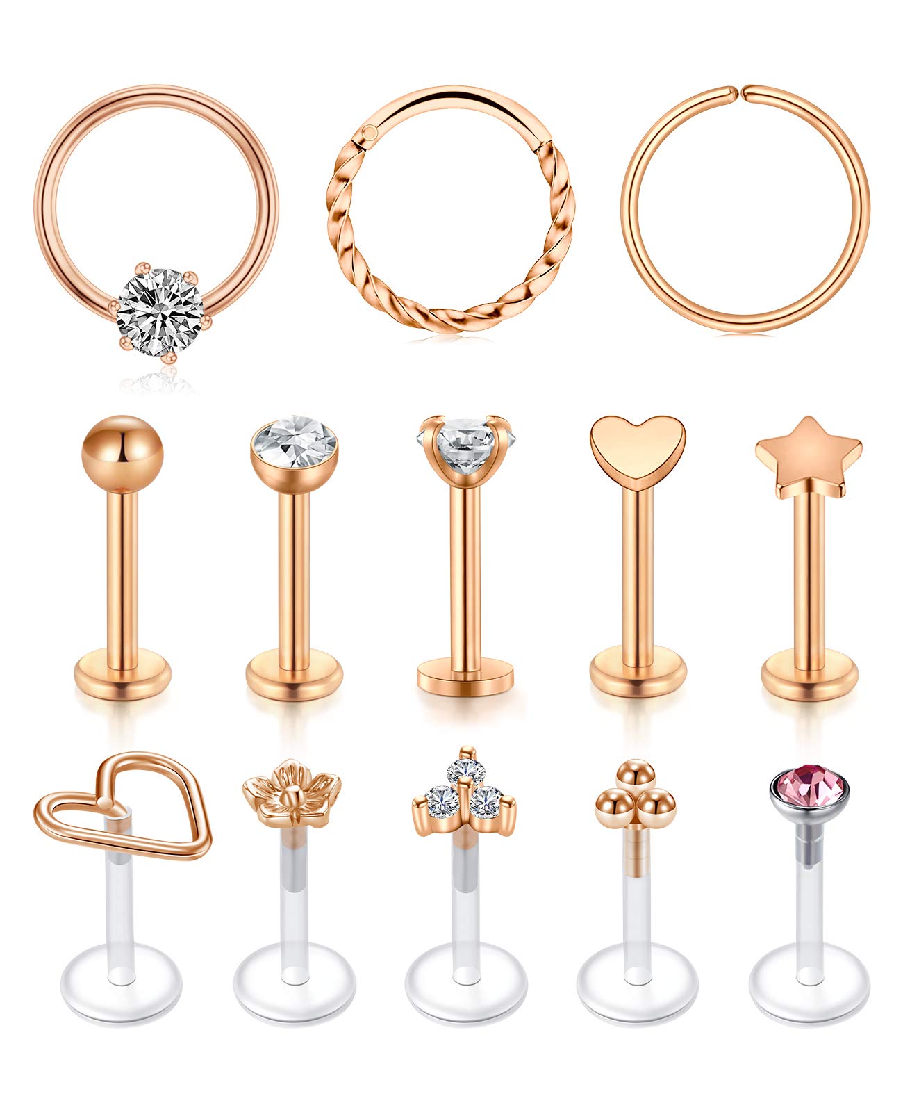 AceFun 16G Cartilage Earrings Tragus Stud Earrings Forward Helix Earring Surgical Steel and Clear Acrylic Lip Rings Nose Studs Rose Gold Body Piercing Rose Gold