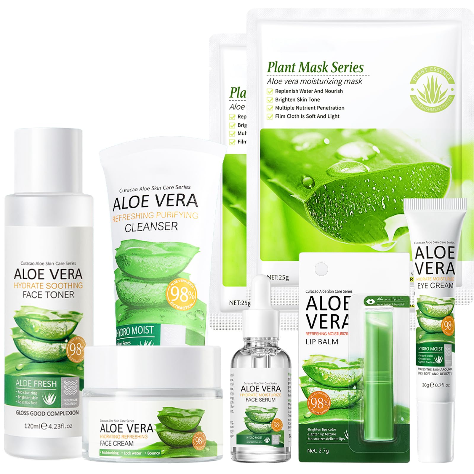 Skincare Set, Skin Care Sets & Kits, Skincare Gift Set for Women & Teenage Girls with Aloe Vera Extracts - Cleanser, Toner, Essence, Eye Cream, Face Cream, Mask, Lip Balm, Pamper Gifts (8PCS)