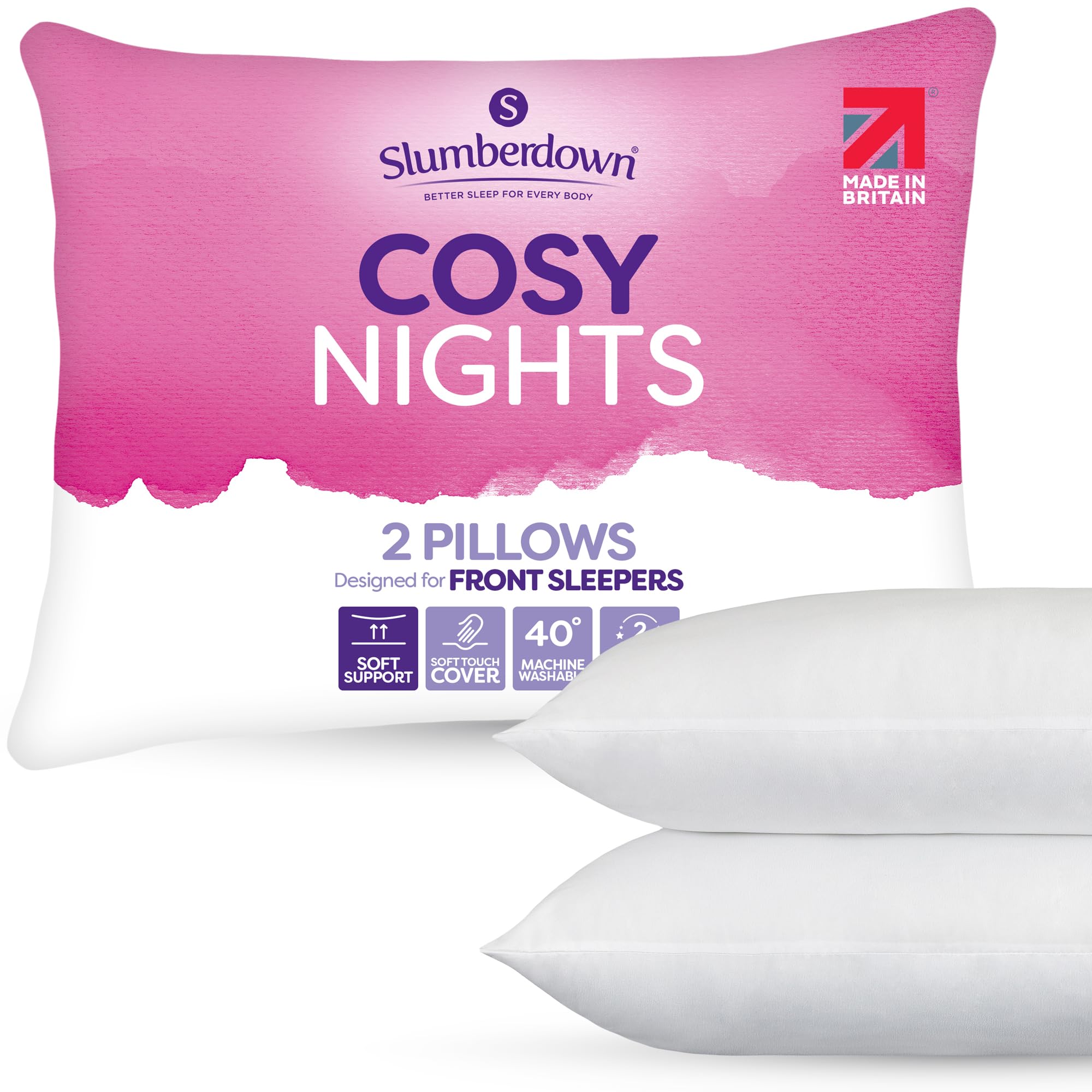 Slumberdown Cosy Nights Bed Pillows 2 Pack Non-Allergenic Ultra Soft Front & Back Sleeper Pillows - Soft Touch Breathable Cover, Made in the UK & Washable, Packaging May Vary (48 x 74cm)