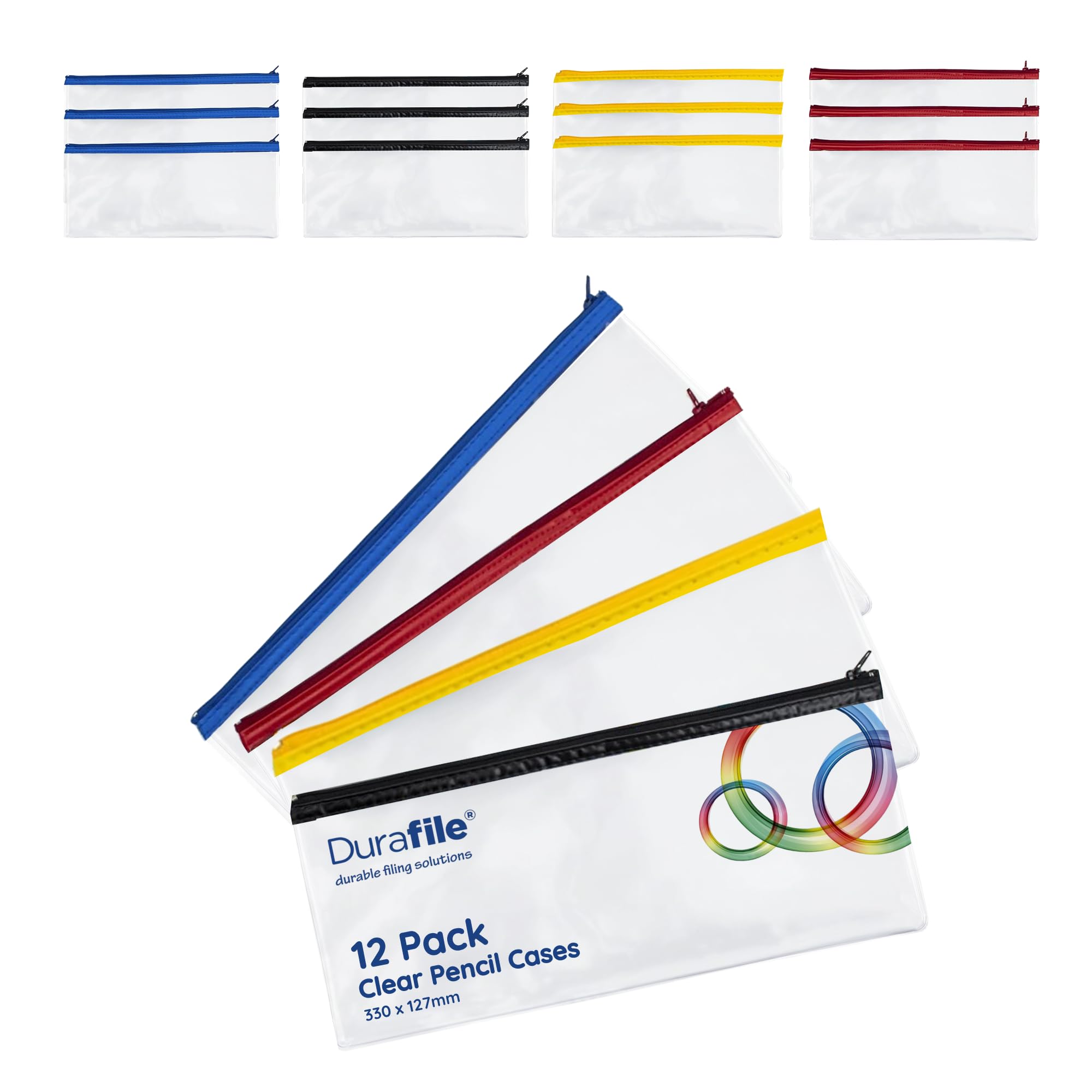 Durafile Clear Pencil case | Pack of 12 Pencil Cases | Assorted Colour Zips | Large See Through Stationery case 330x127mm | Transparent Pencil case for Exams pens Pencils highlighters Make up & More