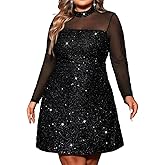 Plus Size Sexy Sheer Mesh Long Sleeve Rhinestones Sequin Party Night Club Dress