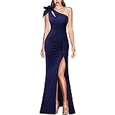 VFSHOW Womens 3D Flower One Shoulder Ruched Prom Formal Wedding Guest Maxi Dress 2023 Sexy Cocktail Split Cutout Evening Gown