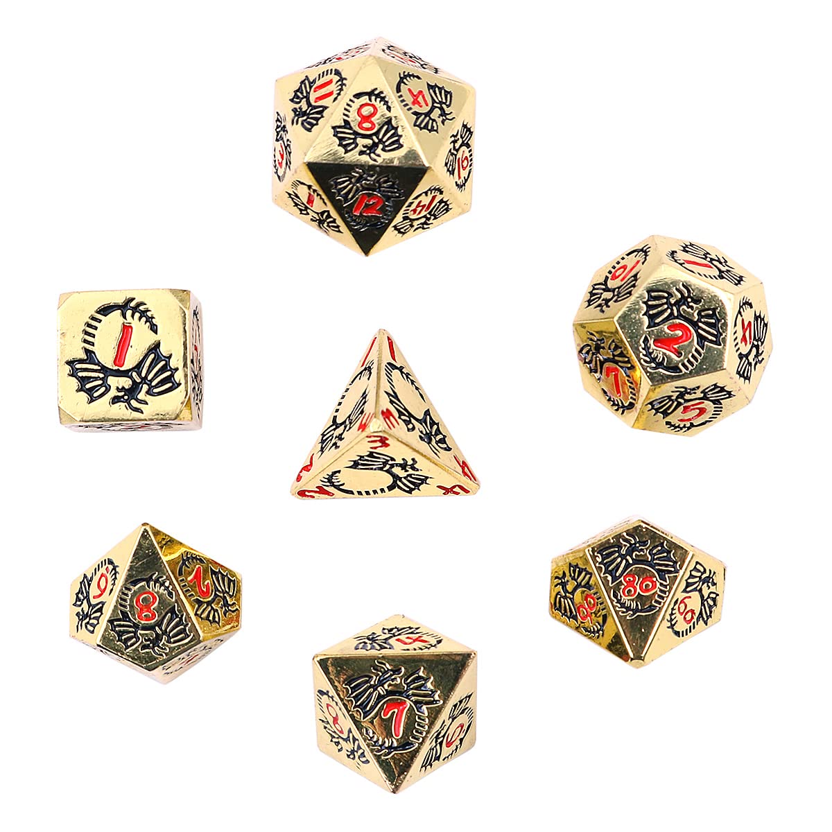 DollaTek Dragon Pattern DND Metal Dice Set Used for Dungeon and Dragon DND Dice Game (with Black Bag) - Gold