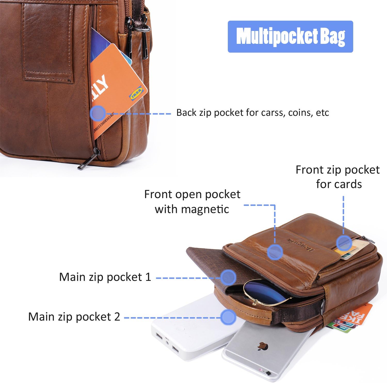 Hengwin Men's Leather Phone Holster Pouch Shoulder Bags Small Waist Pack Crossbody Business Bag Fanny Pack Travel Organizer Bag Brown - Image 5