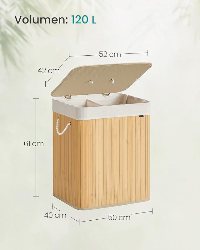 Cesto de la Ropa Sucia con Tapa, 2 compartimentos, 120 L, Cesta de Lavandería de Bambú, Plegable, con Bolsa Lavable Extraíble, Asas, para Lavandería, Dormitorio, Natural LCB014Y01