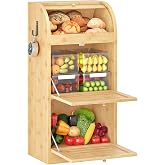 HOOBRO Potato Storage Bin, Large Bamboo Bread Box for Kitchen Counter, 3 Tier Onion Organizer with Grocery Section, Decorativ