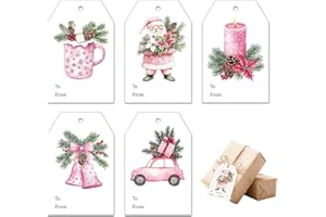 jijAcraft Christmas Gift Tags with String – 50Pcs Holiday Gift Wrapping Tags, 5 Designs Pink Santa Claus Name Tag for Gift Bags, Presents, Party Favors(3.3x2.1In)