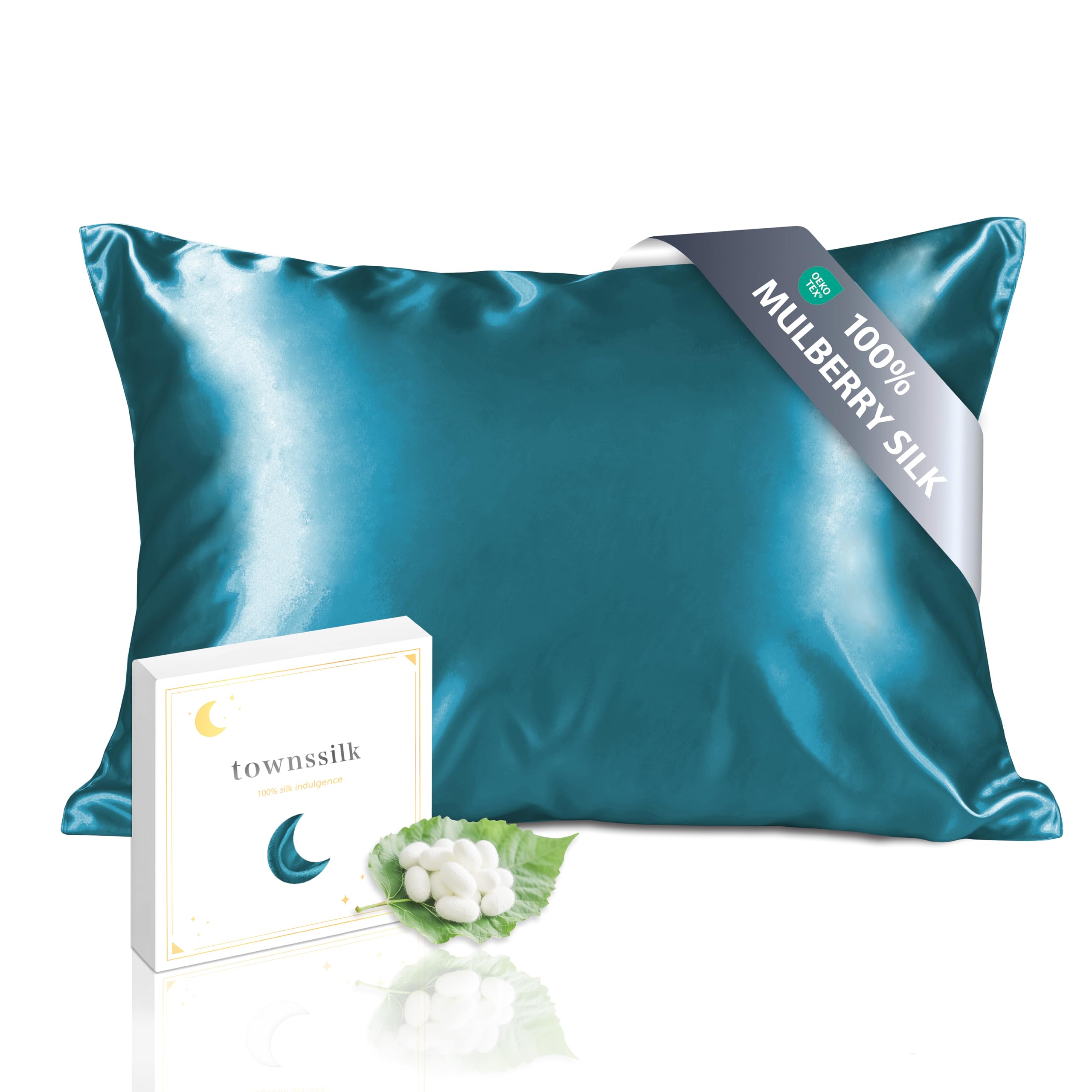 townssilk Both Side 100% 19mm Pure Mulberry Silk Pillowcase for Hair and Skin Health, 50x90cm size Pillow Case Cushion Cover with Hidden Zipper 600 Thread Count peacockblue — image 1
