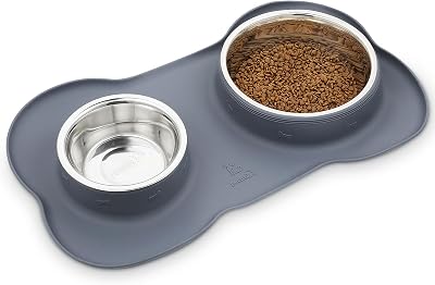 Pecute Double Stainless Steel Dog Bowls with Non-Slip Silicone Mats Grey (26 &