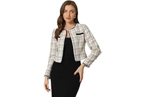 Allegra K Tweed Jacket for Women's Christmas Costumes Long Sleeve Casual Work Office Plaid Short Outwear