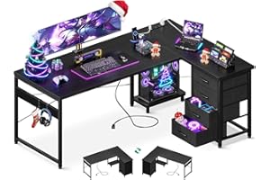 AODK L Shaped Gaming Desk with 4 Drawers, 61" Reversible Home Office Desks with Power Outlets, L Shaped Computer Desk with USB Charging Port and Host Stand, Corner Desk, Easy to Assemble, Black