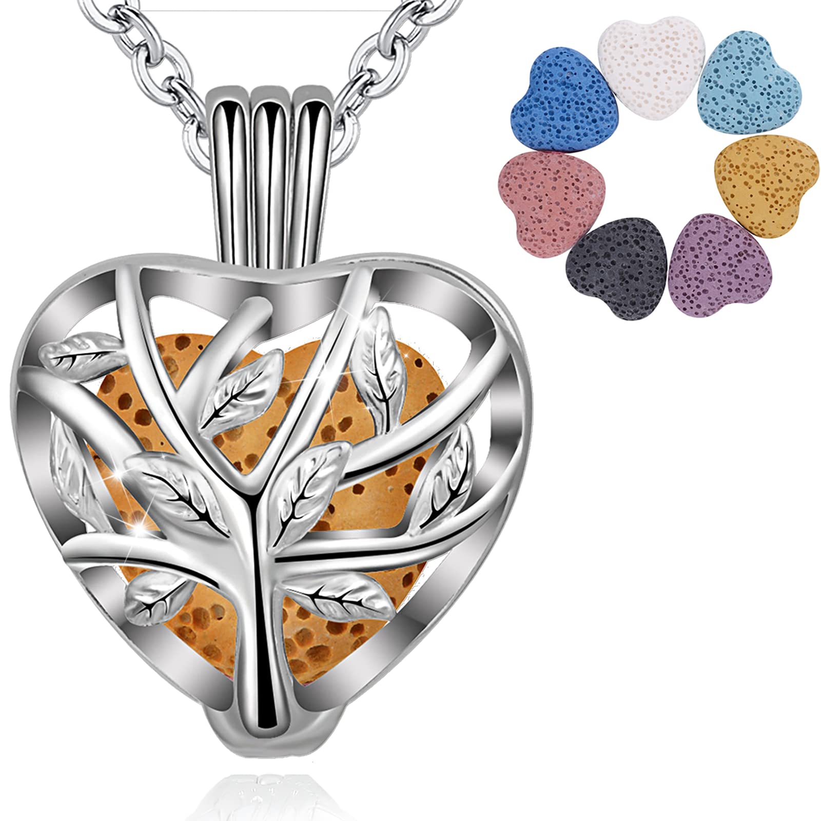 INFUSEU Aromatherapy Oil Diffuser Necklace, Tree of Life Sliver Plated Essential Heart Nacklace Perfume Diffuser Pendant with 6PC Lava Stones & Chain 24" Gifts for Lady Her — image 1