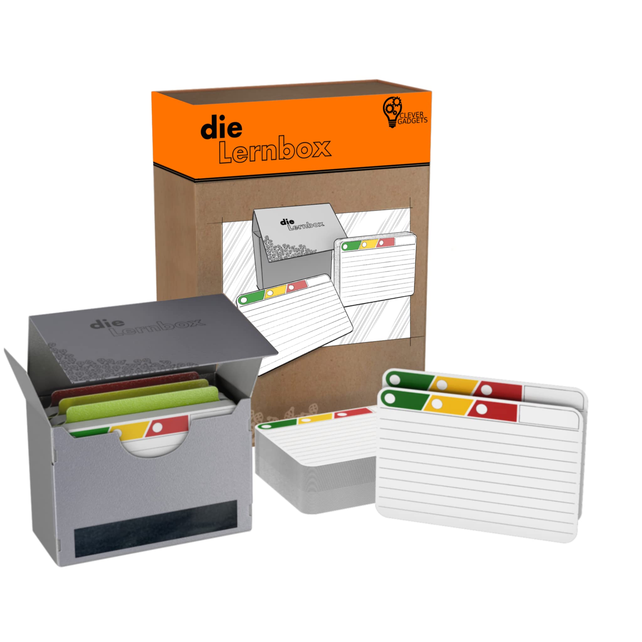 Clever Gadgets The Learning Box | 300 Index Cards with Smart 3-Step Learning System & Robust Index Card Box | Ideal Format Between A7 & A8 | 190 g | Lined on Both Sides | Rounded Corners