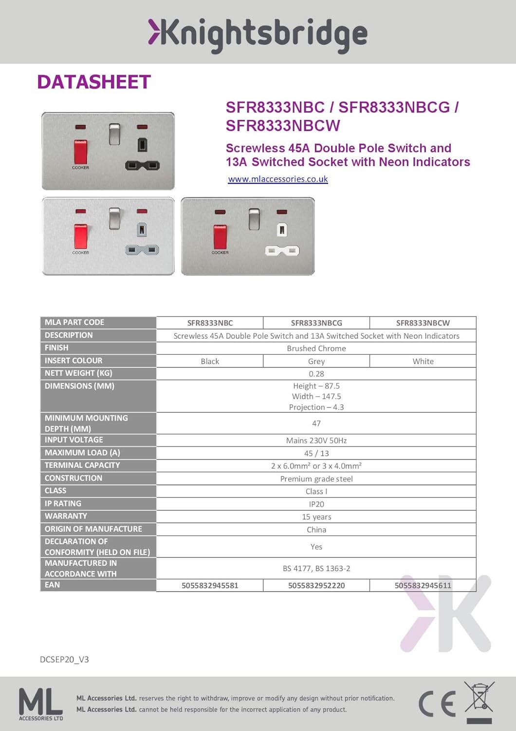 Knightsbridge SFR8333NBC Screwless 45A Dp 13A Switched Socket with Neons-Brushed Chrome with Black Insert, Silver - Image 3