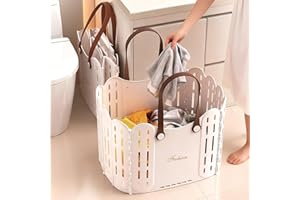 Lekesky Collapsible Laundry Basket, Plastic Laundry Hamper with Leather Handle and Hollow Design, 45L Foldable Laundry Basket
