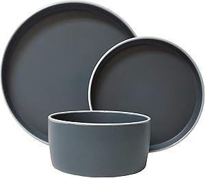 Tabletops Gallery Modern York Collection- Round Contemporary Modern Colored Ceramic Stoneware Colored Dinner Salad Plate Cereal Bowl Matte Finish, 12 Piece York Dinnerware Set in Midnight Fog