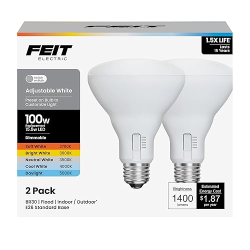 Feit Electric BR30 LED Light Bulb, 100W Equivalent, Dimmable, 5CCT, E26 Medium Base, 90 CRI, 1400 Lumens, Adjustable White, 13 Years Lifetime, 2 Pack, BR30100DM5CCTCA15K/2