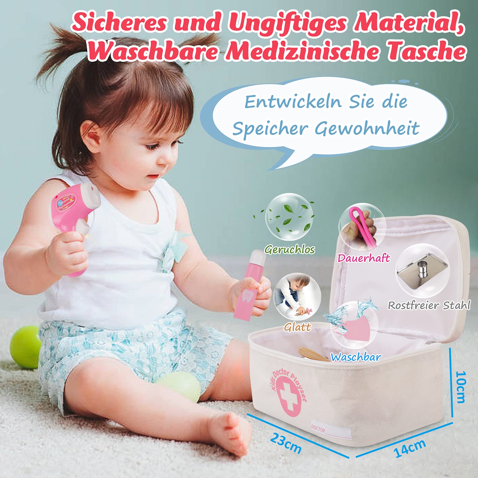 Sundaymot Arztkoffer für Kinder - 32-teiliges Medizinisches Spielzeug Rollenspiel Set, Doktor Spielset Kit mit Stethoskop, Geschenk für Mädchen ab 3 Jahren 6